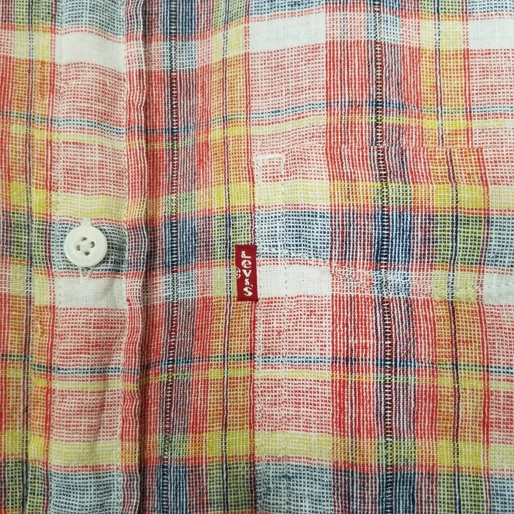Levi's Linen Blend Plaid Button Down Shirt Short Sleeve Size M